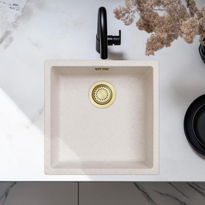 Sand White Cream Sink 40x40 cm Undermount, Above Counter, and Flush Mount with Gold Plug 1208970542