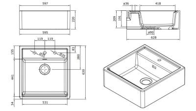 Ausmann Ceramic Panor Shade Ceramic White Butler Sink - Under-counter and Between-counter 630 x 597 mm with tap hole and Matte Black plug 1208970554