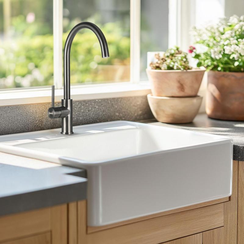 Ausmann Ceramic Panor Shade Ceramic White Butler Sink - Under-counter and Between-counter 630 x 597 mm with tap hole and Matte Black plug 1208970554