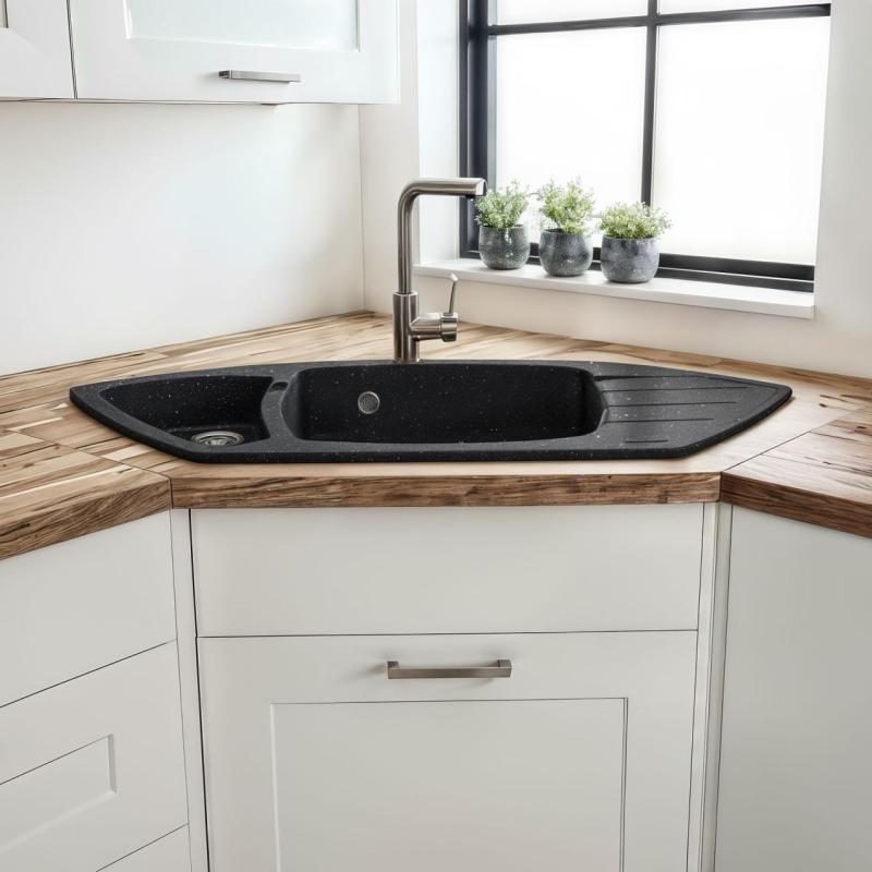 Graniteland Monte Granite Black Bluestone Corner Sink Top Mount 901x538mm with Stainless Steel Plug 1208970601