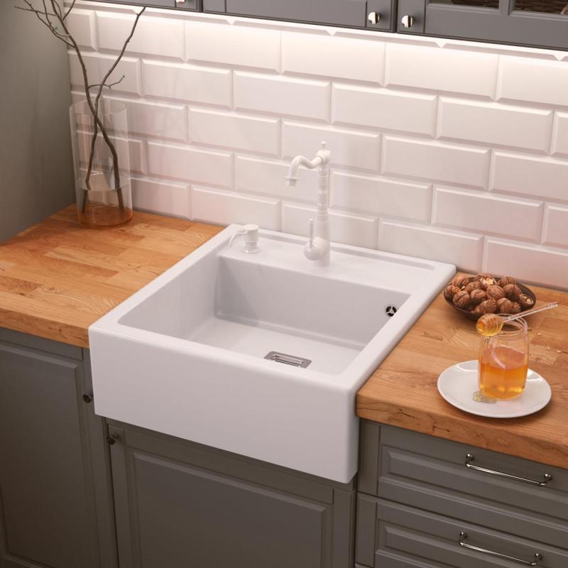 Graniteland Arno Granite White Sink Under-mount 582x620mm with Stainless Steel Square Plug 1208970604