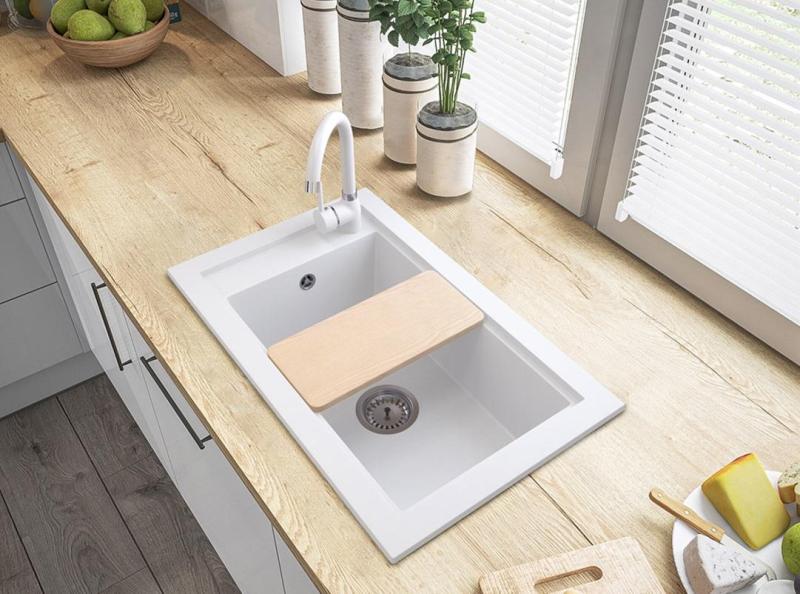 Graniteland Magra Granite White Built-in Sink 686 x 427 mm with Faucet Hole and Stainless Steel Plug 1208970614