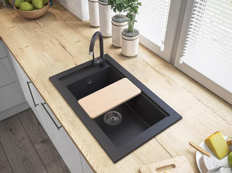 Graniteland Magra Granite Black Built-in Sink 686 x 427 mm with faucet hole bench and Stainless Steel Plug 1208970616