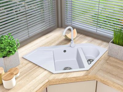 Graniteland Amiata Granite White Corner Sink, surface mounted, 965x496mm, with stainless steel plug 1208970622