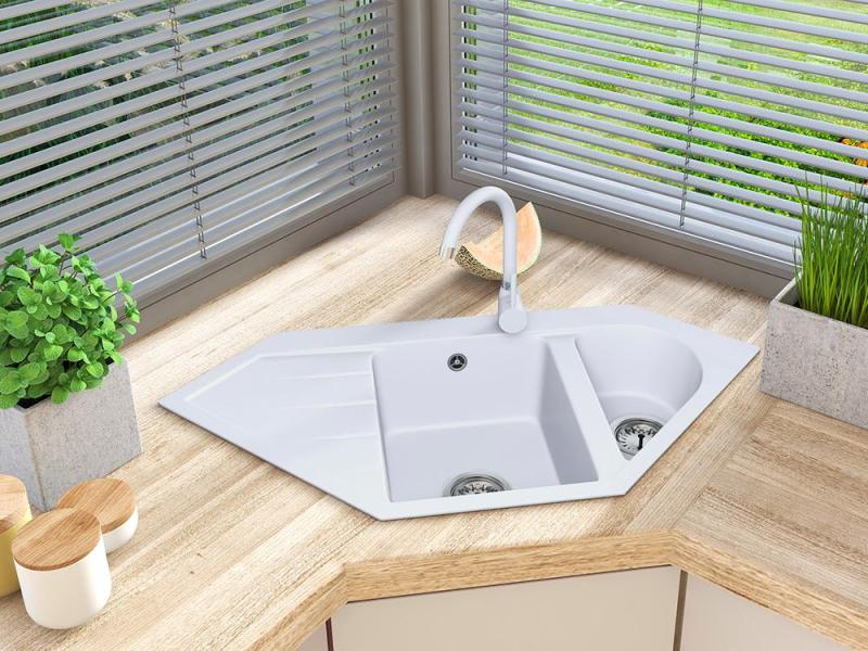 Graniteland Amiata Granite White Corner Sink, surface mounted, 965x496mm, with stainless steel plug 1208970622