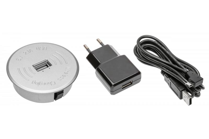 Wireless charger kit with USB silver with power adapter (2m USB detachable cable)