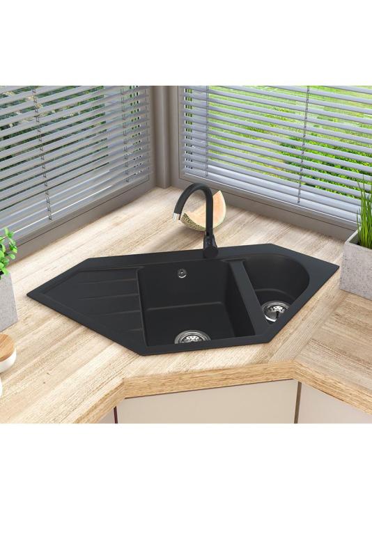 Graniteland Amiata Granite Black Corner Sink top mount 965x496mm with Stainless Steel Plug 1208971120