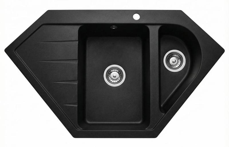 Graniteland Amiata Granite Black Corner Sink, surface-mounted, 955x489mm, with stainless steel plug 1208971120