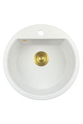 GraniteMy Bremen round granite sink 43 cm white surface and undermount with tap hole bench with gold plug 1208971219