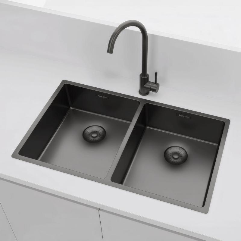 Pure.Sink Prestige Double Gun Metal Sink 70x40 cm 10mm radius undermount, flush mount and top mount PPG343440-61