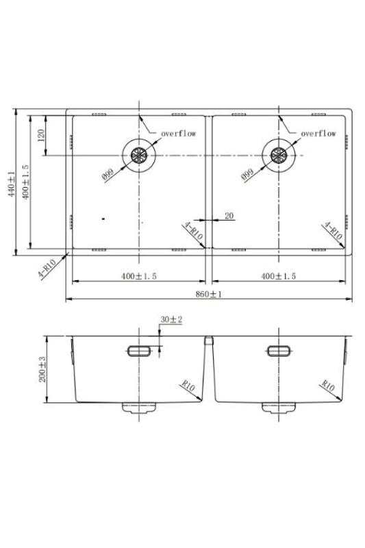 Pure.Sink Prestige Double Copper Sink 82x40 cm 10mm radius undermount, flush mount and top mount PPG404040-62