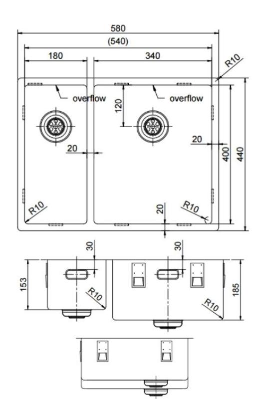 Pure.Sink Exclusivo Copper 1.5 one and a half bowl sink 18+34cm 10mm radius PEX183440-62