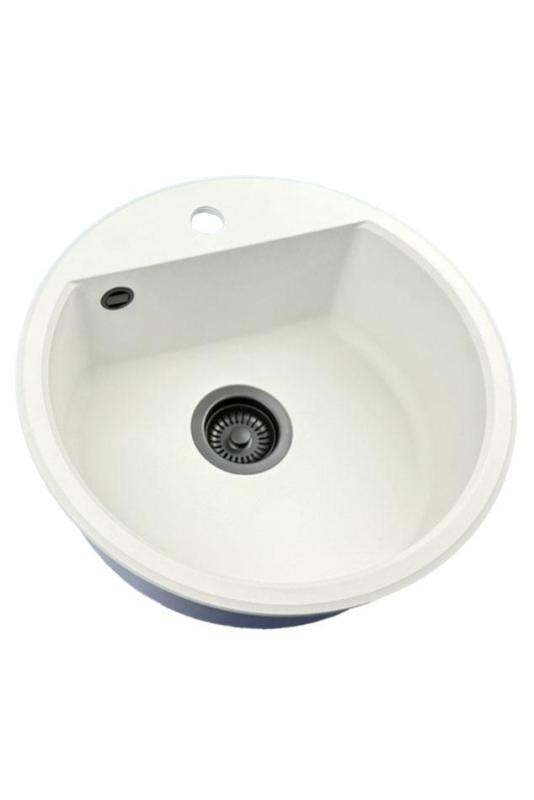 GraniteMy Bremen round granite sink 43 cm white top mount and undermount with faucet hole bench with black plug 1208971312