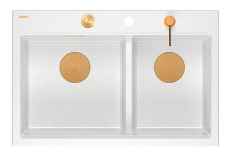 Quadri Hard Rock Double White Granite Built-in Sink 76 x 50 cm with Copper Plug and Accessories 1208971357