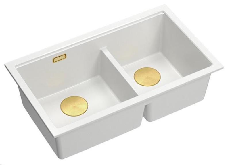 Quadri Newport II Double White Granite Built-in Sink 76x45 cm with Golden Plug 1208971363