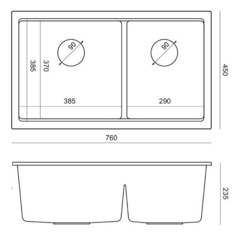 Quadri Newport II Double Anthracite Granite Built-in Sink 76x45 cm with Gold Plug 1208971364