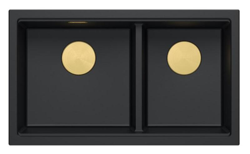 Quadri Newport II Double Black Granite Built-in Sink 76x45 cm with Golden Plug 1208971366