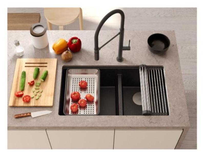 Quadri Newport II Double White Granite Undermount Sink 702 x 390 mm with Copper Plug 1208971373