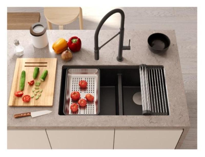 Quadri Newport II Double Anthracite Granite Undermount Sink 702 x 390 mm with Copper Plug 1208971374