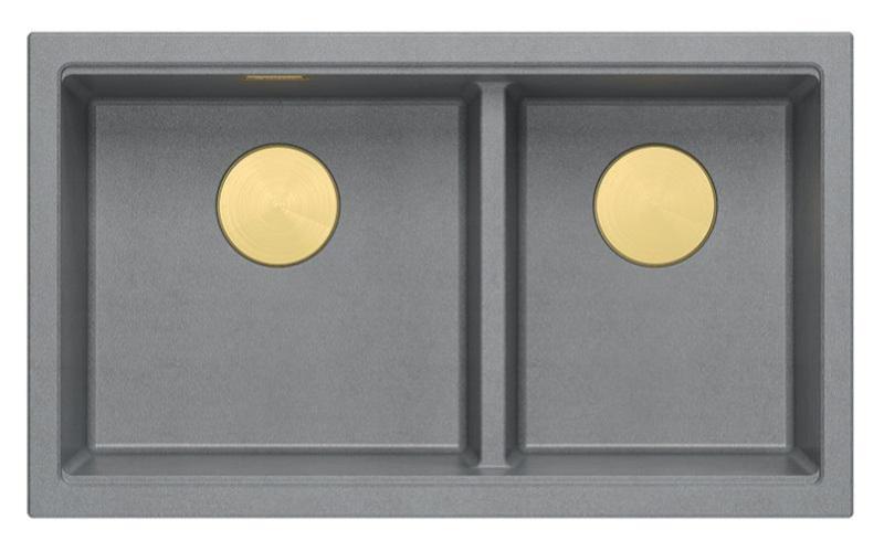 Quadri Newport II Double Gray Granite Undermount Sink 702 x 390 mm with Gold Plug 1208971380