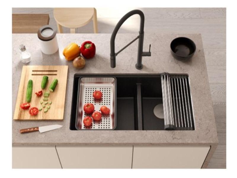 Quadri Newport II Double Grey Granite Undermount Sink 702 x 390 mm with Stainless Steel Plug 1208971385