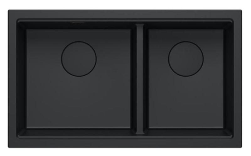 Quadri Newport II Double Black Granite Undermount Sink 702 x 390 mm with Black Plug 1208971386