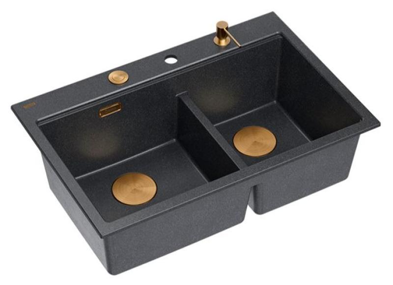 Quadri Hard Rock Double Anthracite Granite Built-in Sink 76x50 cm with Copper Plug and Accessories 1208971388