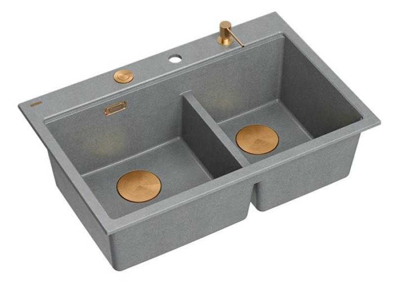 Quadri Hard Rock Double Gray Granite Build-up Sink 76x50 cm with Copper plug and accessories 1208971389
