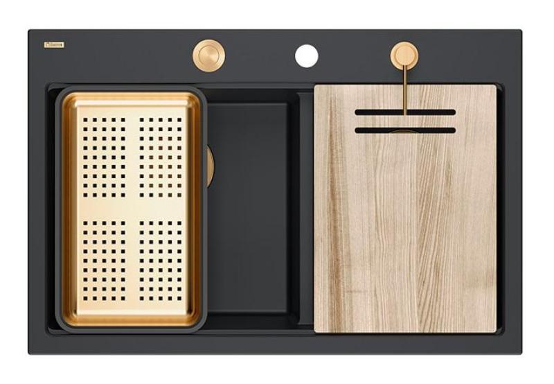 Quadri Hard Rock Double Black Granite Built-in Sink 76x50 cm with Copper Plug and Accessories 1208971390