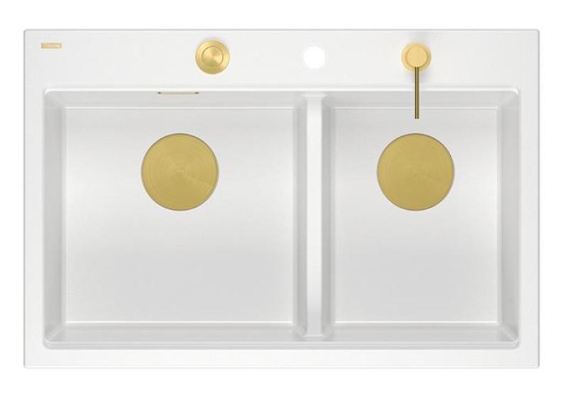 Quadri Hard Rock Double White Granite Built-in Sink 76x50 cm with Gold Plug and Accessories 1208971392