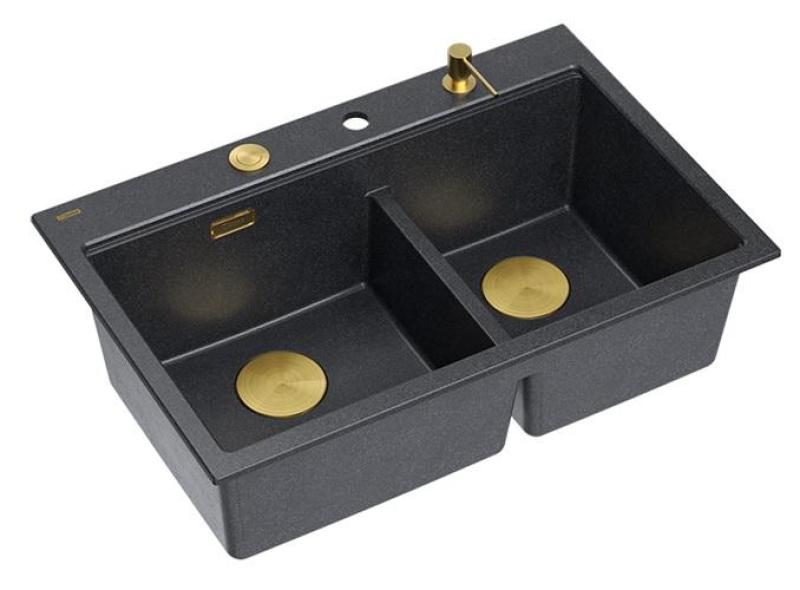 Quadri Hard Rock Double Anthracite Granite Built-in Sink 76x50 cm with Gold Plug and Accessories 1208971393