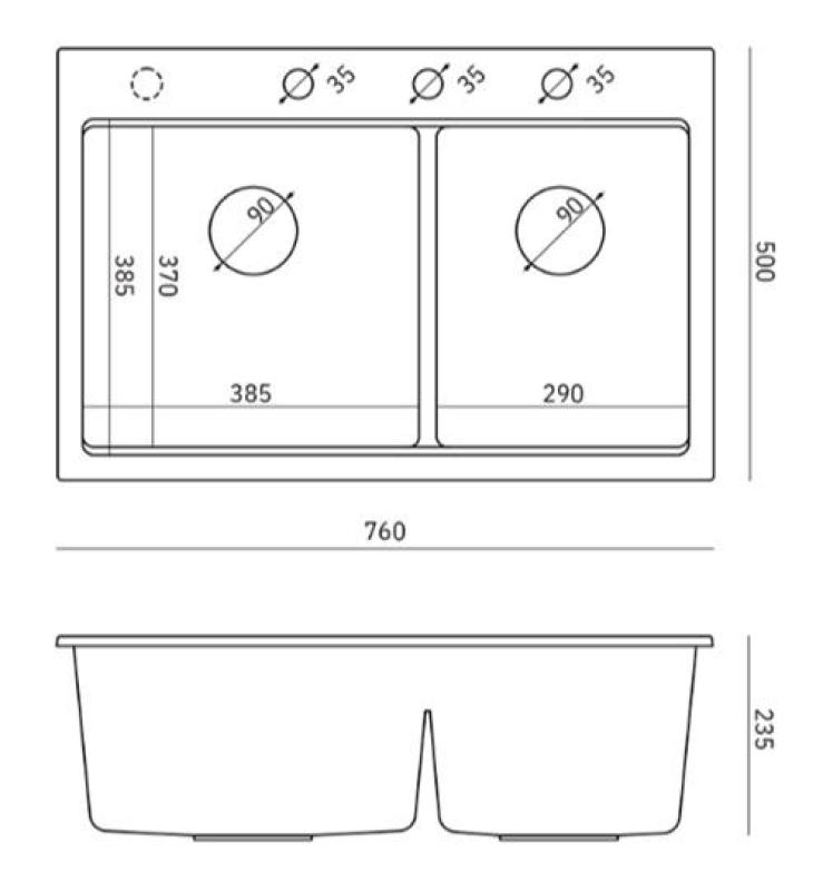 Quadri Hard Rock Double Black Granite Built-in Sink 76x50 cm with Gold Plug and Accessories 1208971395