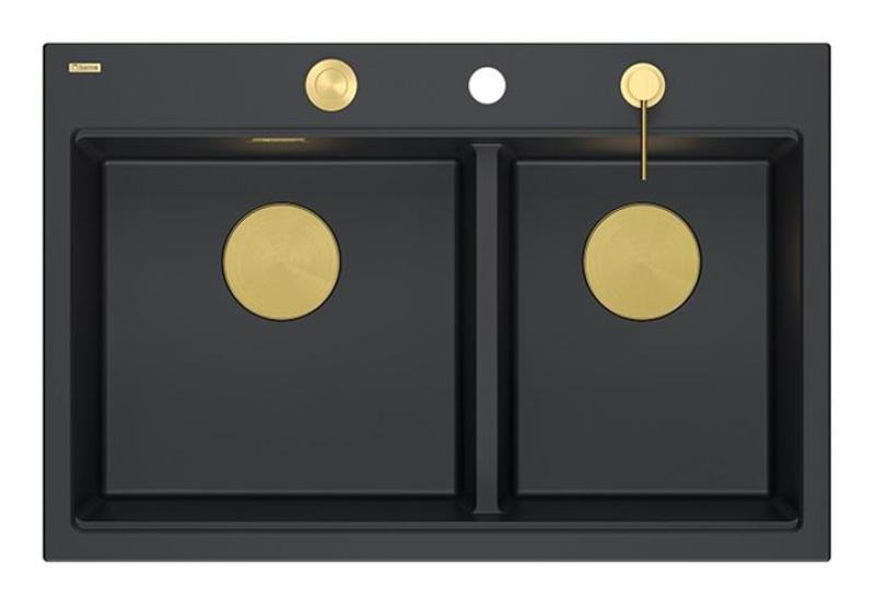 Quadri Hard Rock Double Black Granite Built-in Sink 76x50 cm with Gold Plug and Accessories 1208971395