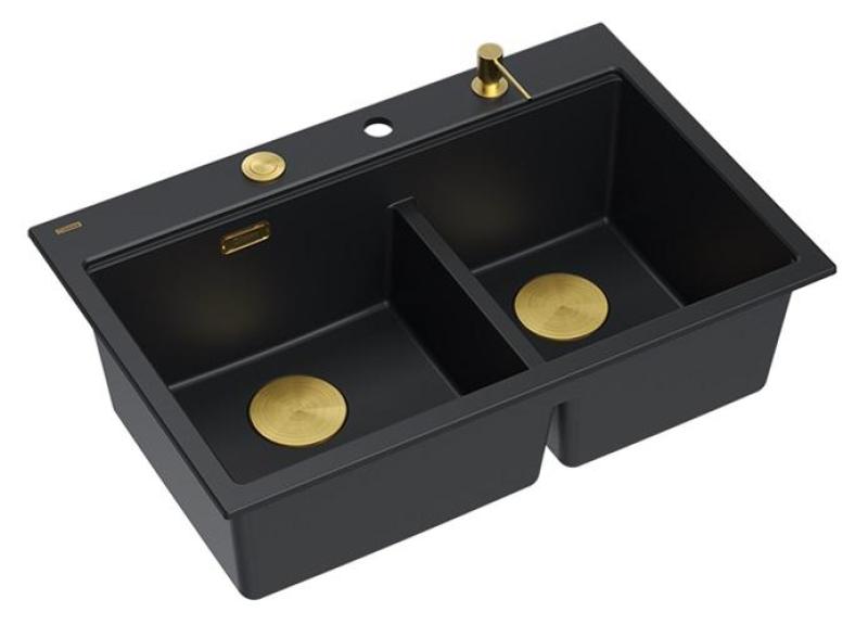 Quadri Hard Rock Double Black Granite Built-in Sink 76x50 cm with Gold Plug and Accessories 1208971395