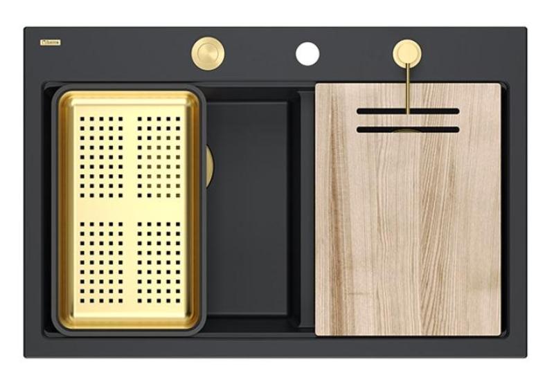 Quadri Hard Rock Double Black Granite Built-in Sink 76x50 cm with Gold Plug and Accessories 1208971395