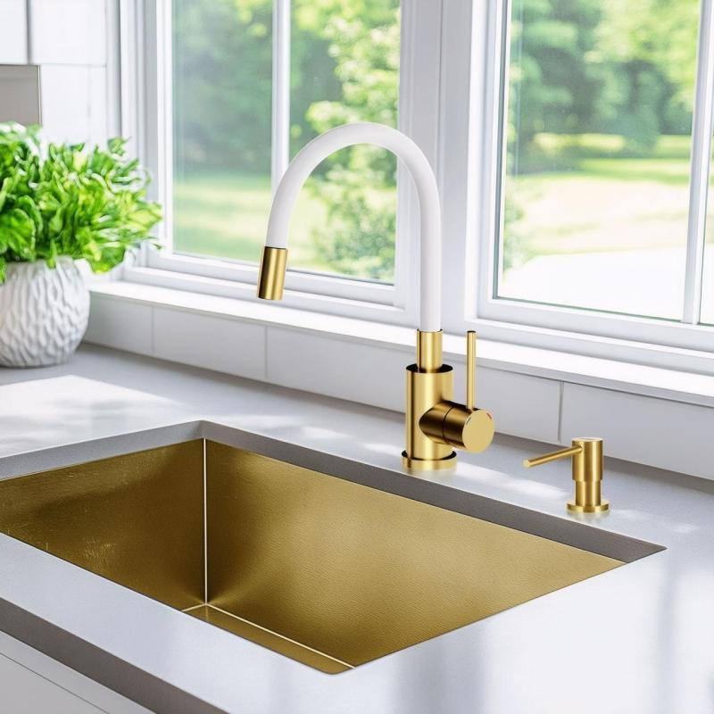 Quadri Bristol kitchen mixer tap gold with flexible white spout 1208971408