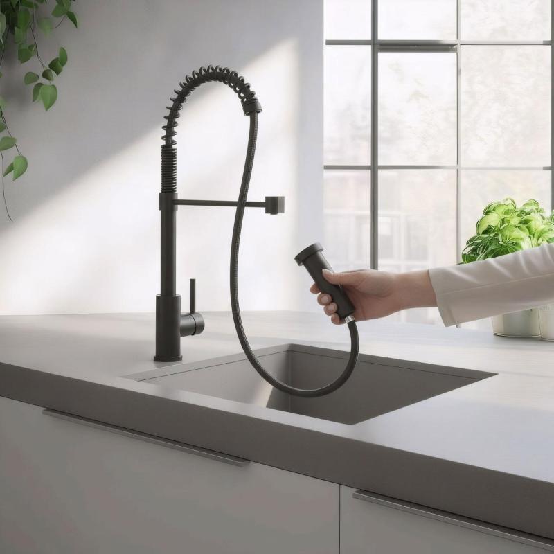 Quadri Redwick kitchen mixer tap in black with semi-flexible spout and shower with 2 jet types plus water stop function 1208971410