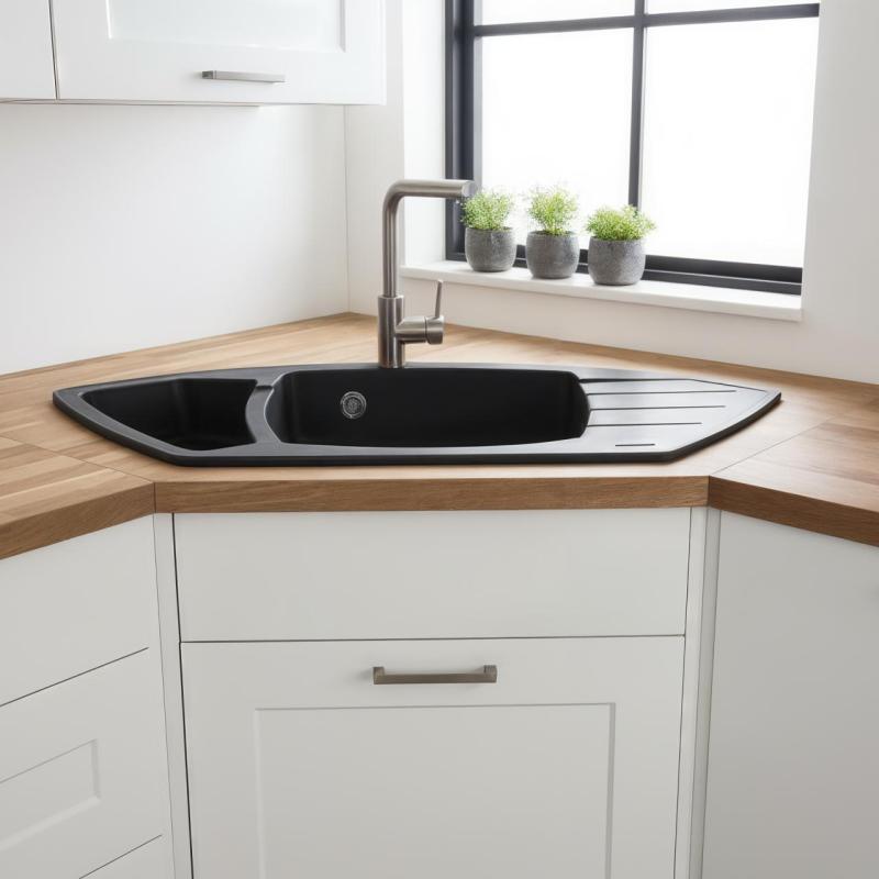 Graniteland Monte Granite Black Corner Sink Top Mount 901x538mm with Stainless Steel Plug 1208971413