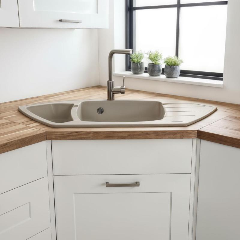 Graniteland Monte Granite Beige Corner Sink Top Mount 901x538mm with Stainless Steel Plug 1208971414