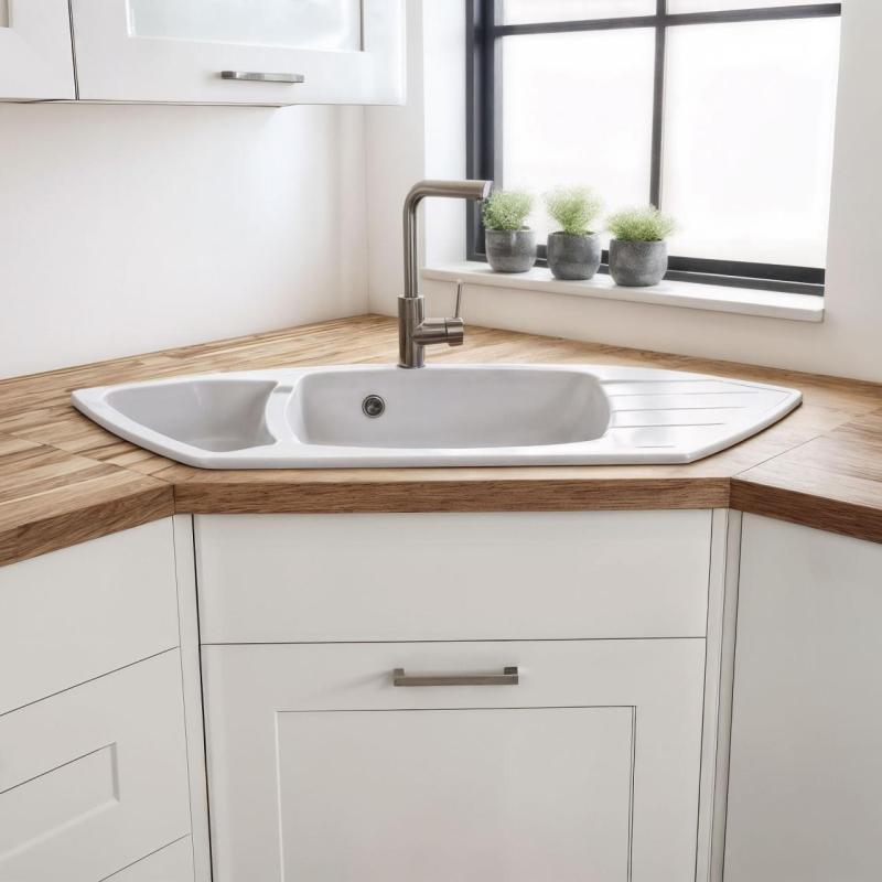 Graniteland Monte Granite White Corner Sink Top Mount 901x538mm with Stainless Steel Plug 1208971415