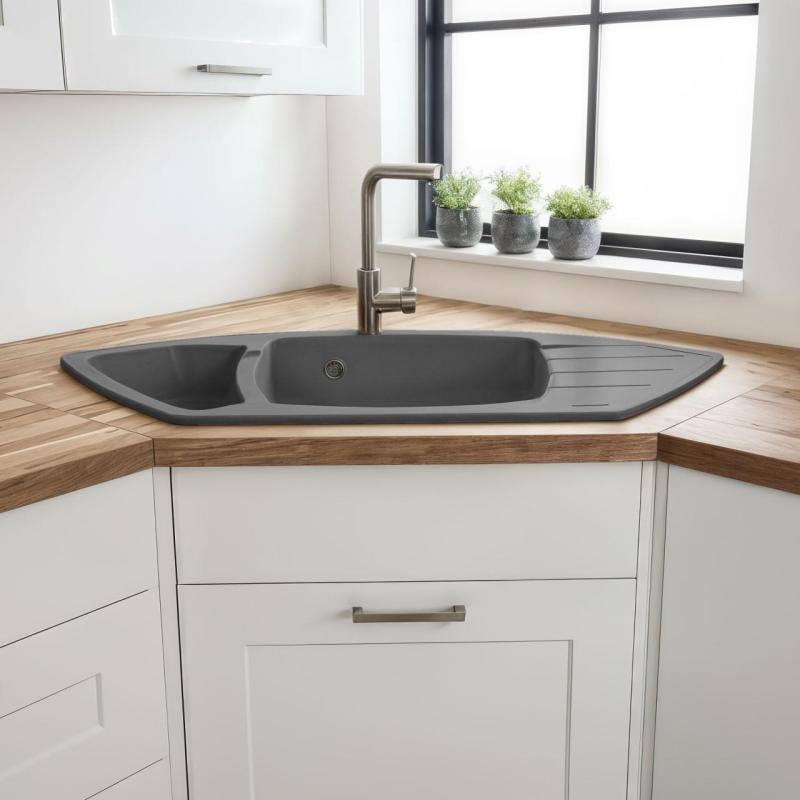 Graniteland Monte Granite Gray Corner Sink top mount 901x538mm with Stainless Steel Plug 1208971416