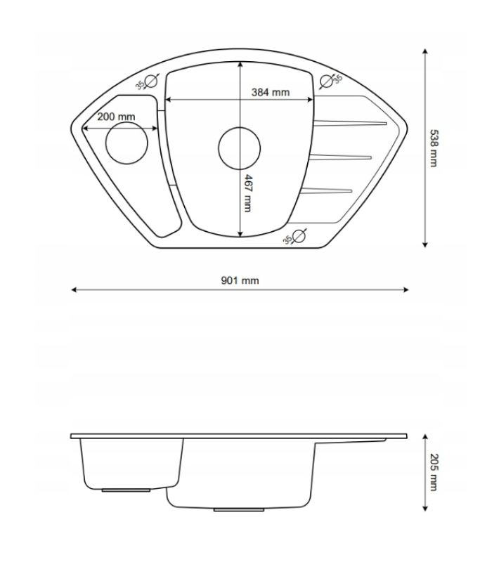 Graniteland Monte Granite Gray Corner Sink top mount 901x538mm with Stainless Steel Plug 1208971416