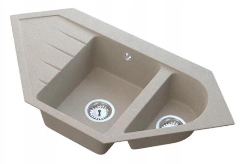 Graniteland Amiata Beige Granite Corner Sink Built-Up 965x496mm with Stainless Steel Plug 1208971417