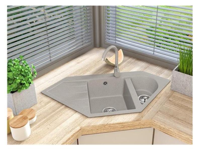 Graniteland Amiata Beige Granite Corner Sink Built-Up 965x496mm with Stainless Steel Plug 1208971417