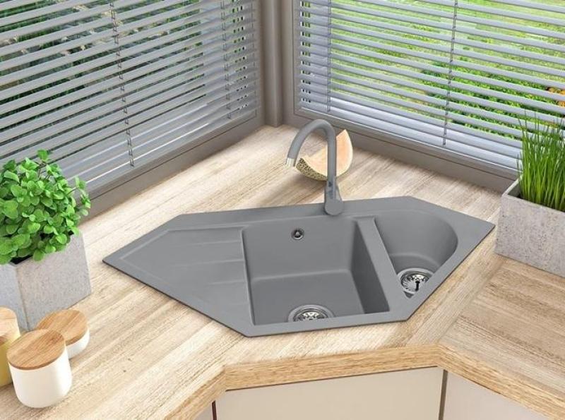 Graniteland Amiata Granite Gray Corner Sink Top Mount 965x496mm with Stainless Steel Plug 1208971419