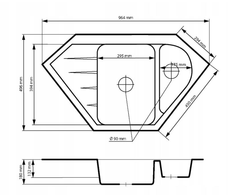 Graniteland Amiata Granite Gray Corner Sink Top Mount 965x496mm with Stainless Steel Plug 1208971419
