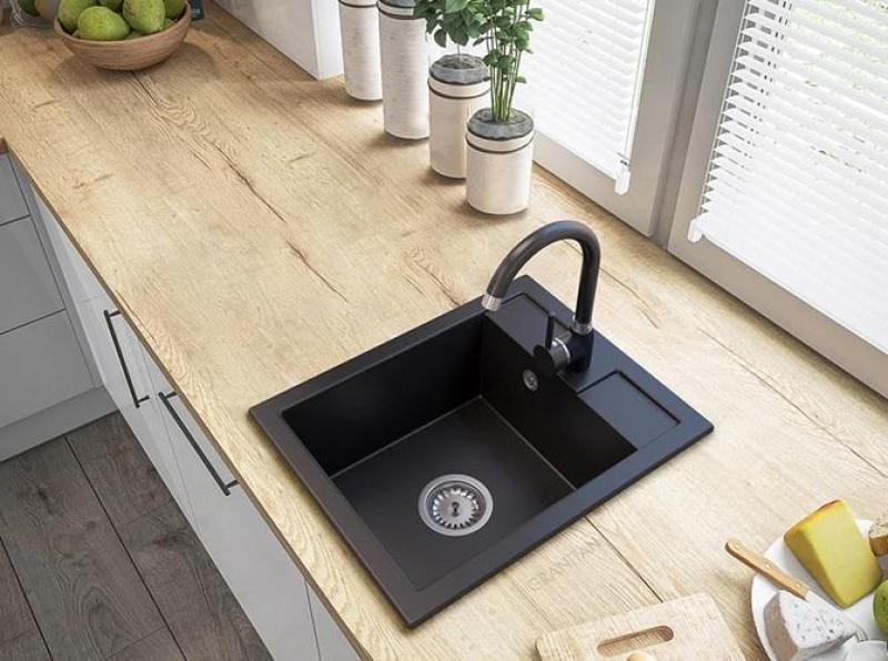 Graniteland Prest Granite black sink Tapwing with faucet hole bank surface mount 400x500mm with Stainless Steel Plug 1208971421