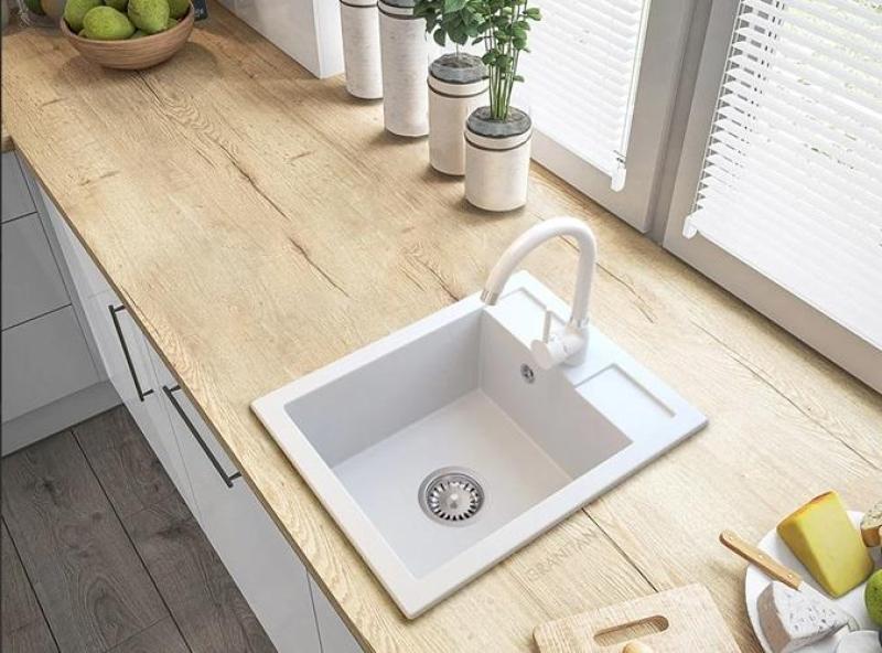 Graniteland Prest Granite white sink Tapwing with faucet hole bank surface mount 400x500mm with Stainless Steel Plug 1208971424