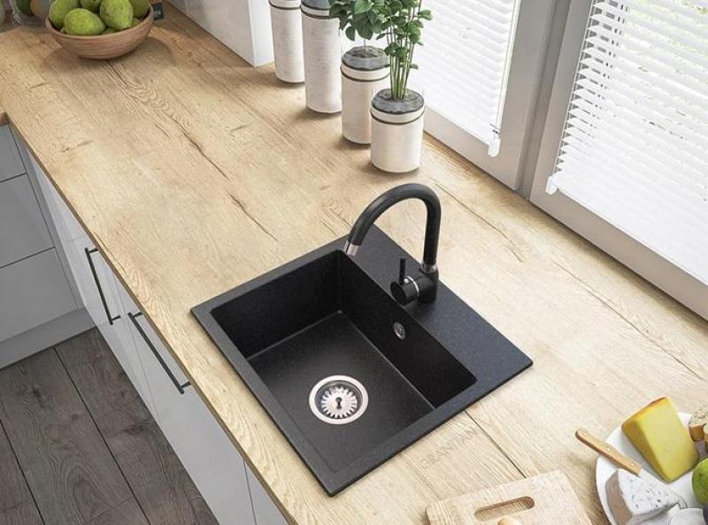 Graniteland Nera Granite Sink 45x42 cm Bluestone Hardstone Look Above Counter with Faucet Hole and Stainless Steel Plug 1208971432