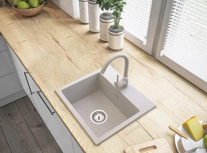 Graniteland Nera Granite Sink 45x42 cm Beige Built-in with Faucet Hole and Stainless Steel Plug 1208971434